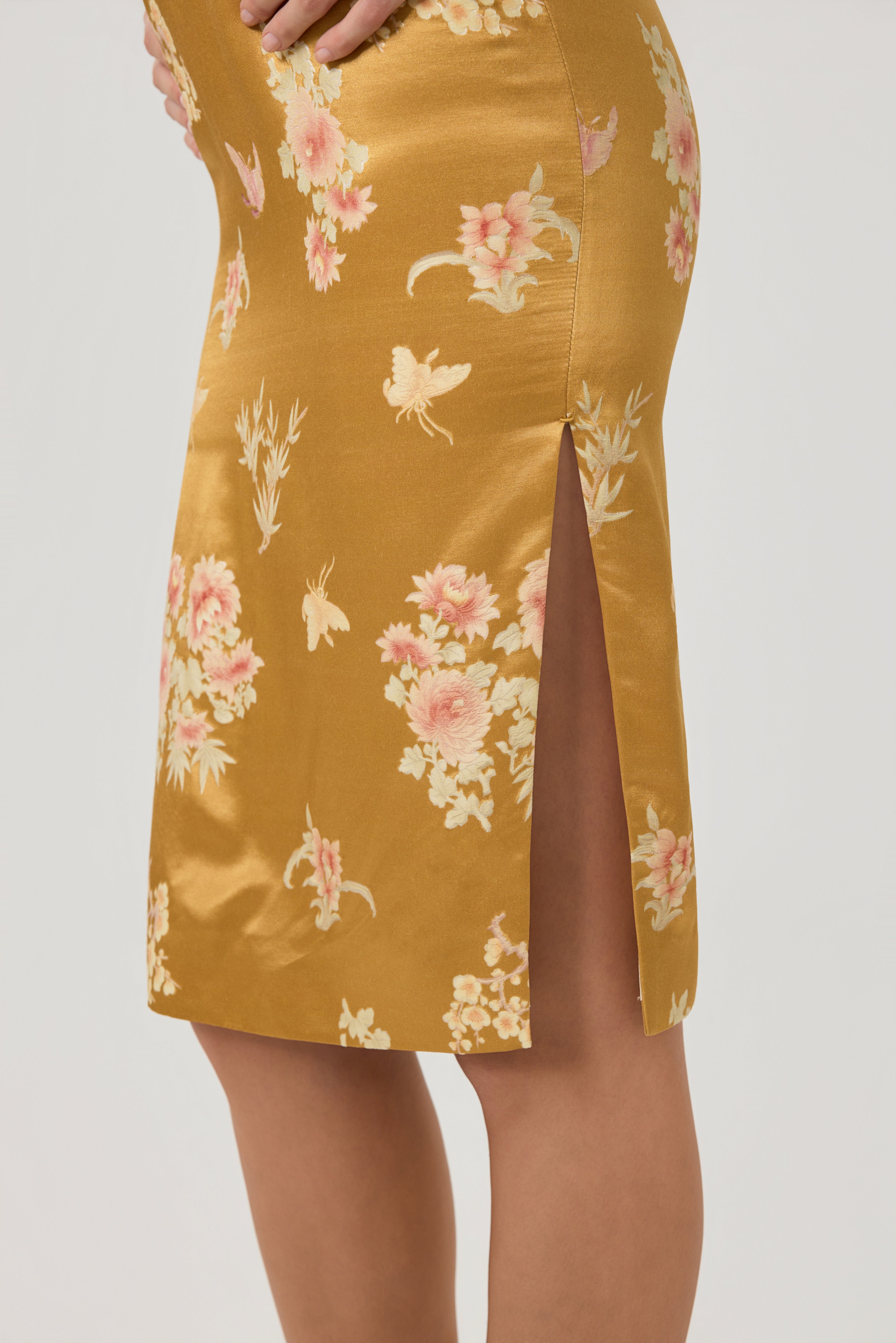 golden silk cheongsam, close up