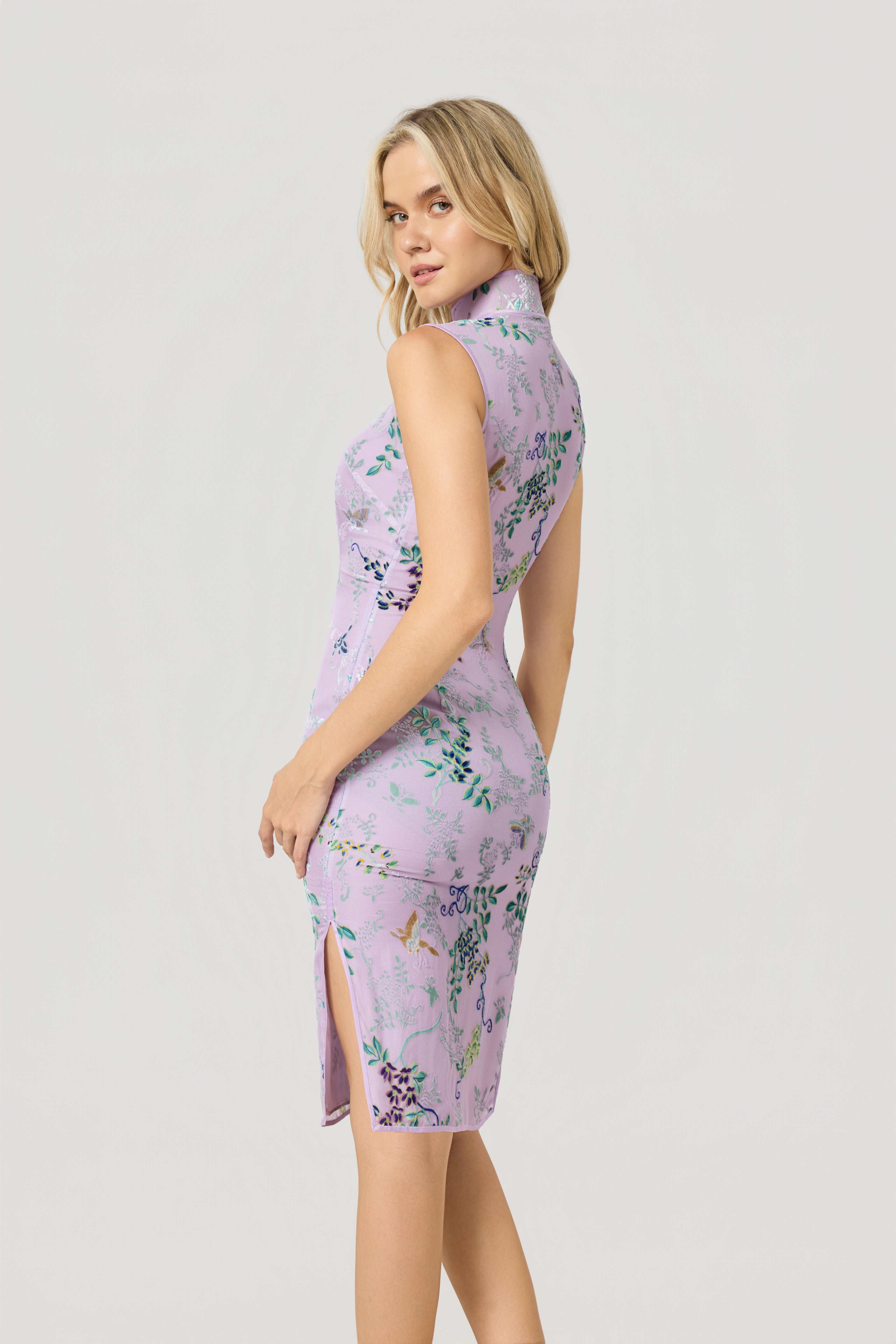 purple velvet cheongsam dress, side 2