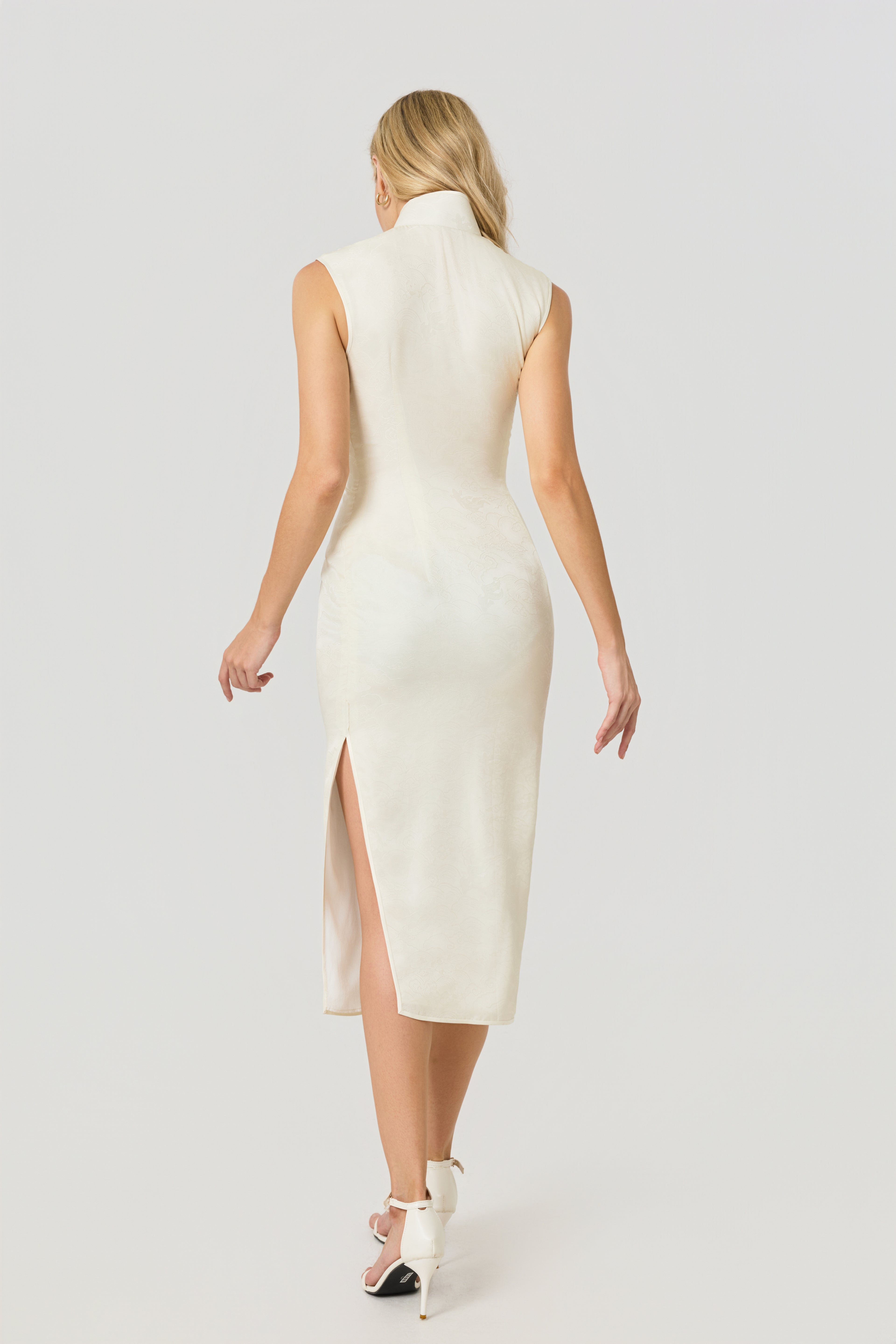celestial crane white silk cheongsam dress, back