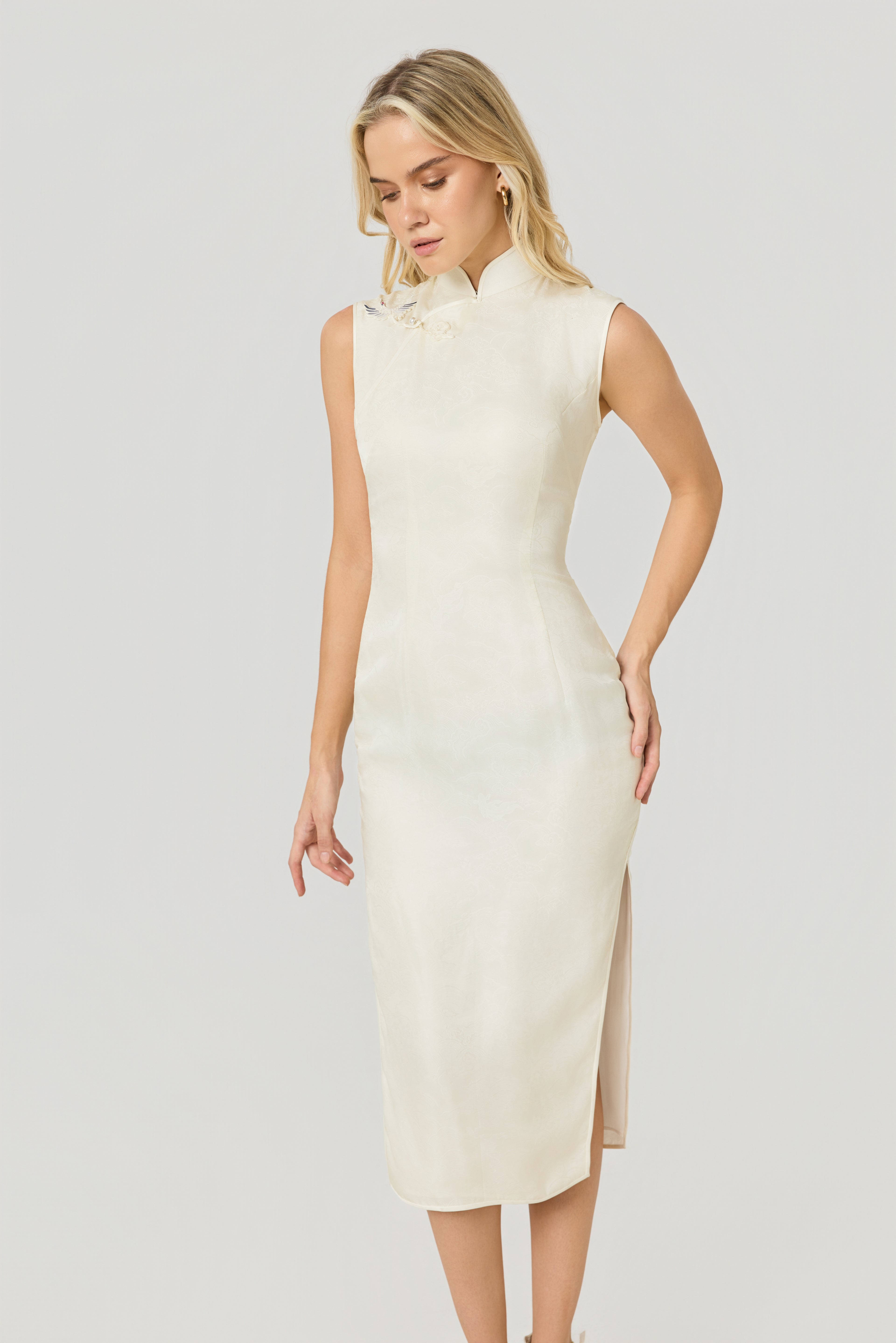 celestial crane white silk cheongsam dress, front 1