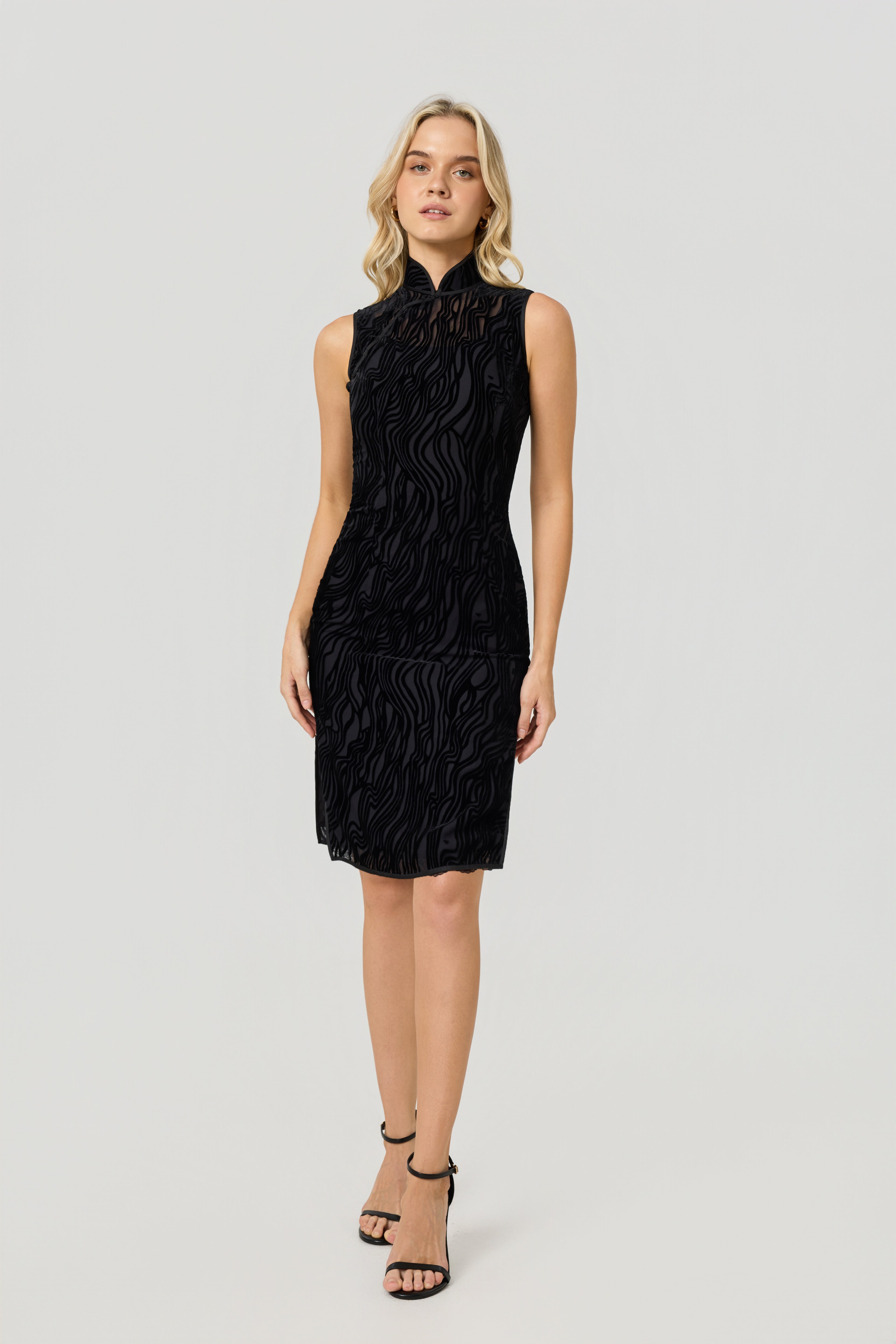 black modern velvet silk cheongsam, front 2