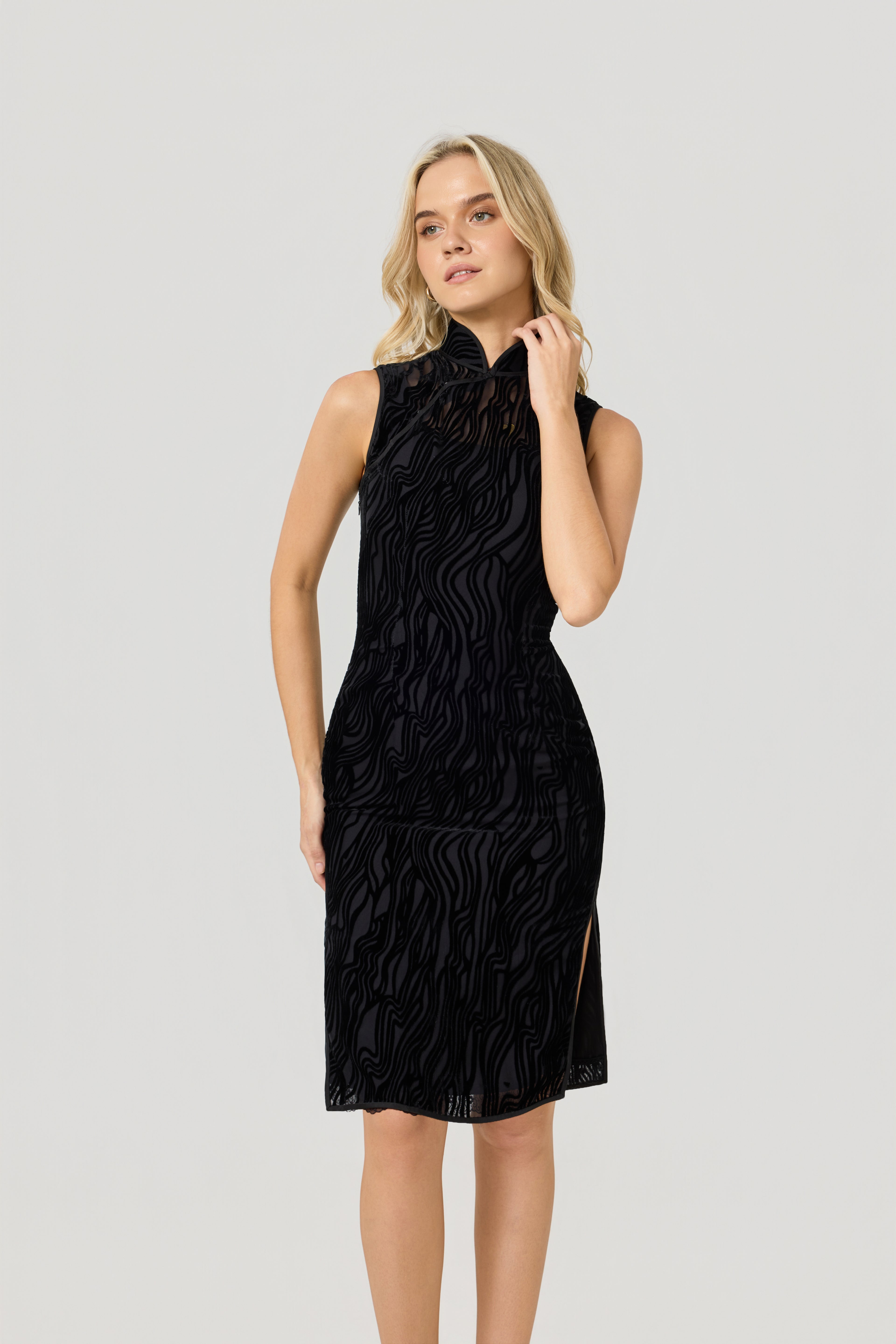 black modern velvet silk cheongsam, front 3