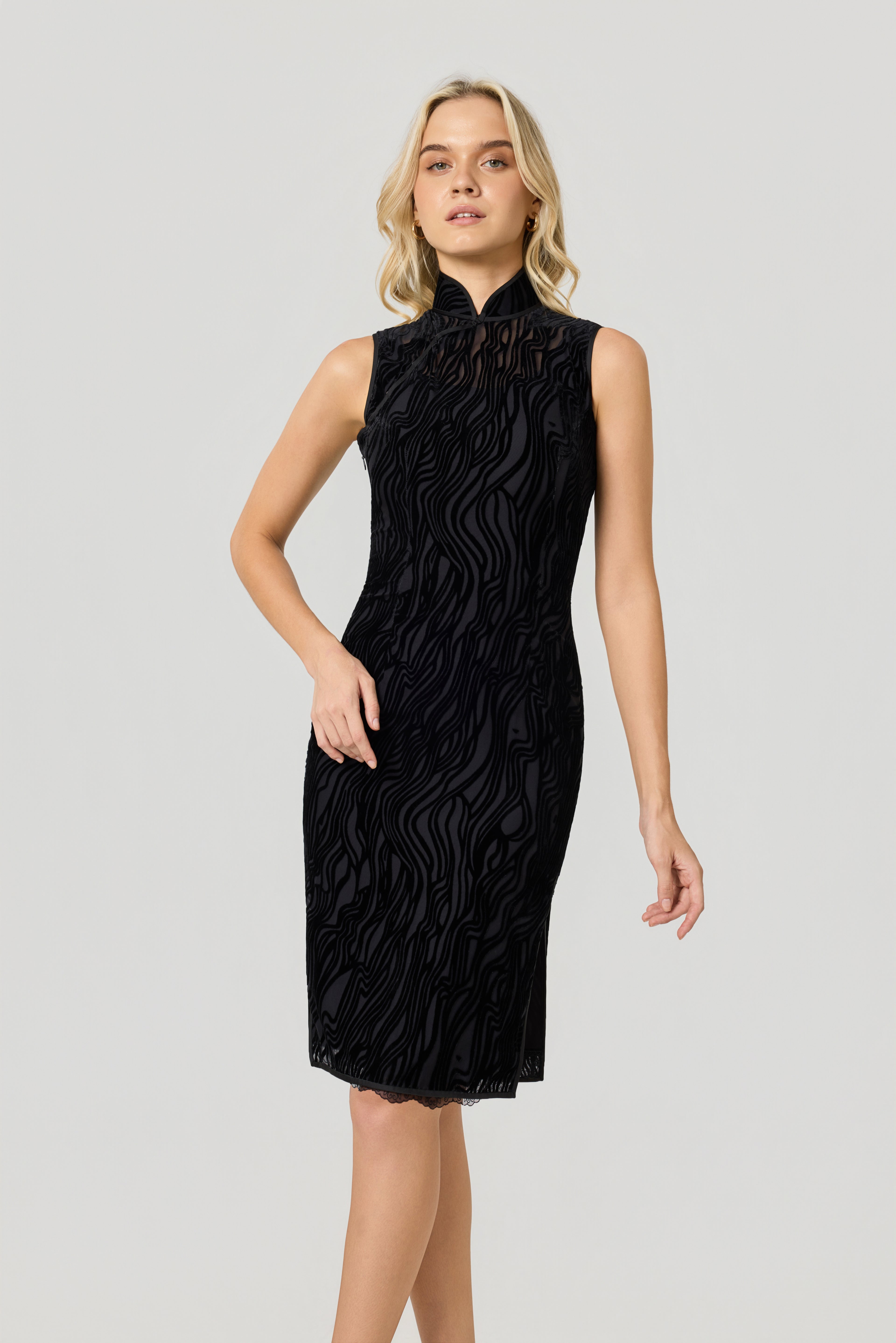 black modern velvet silk cheongsam, front
