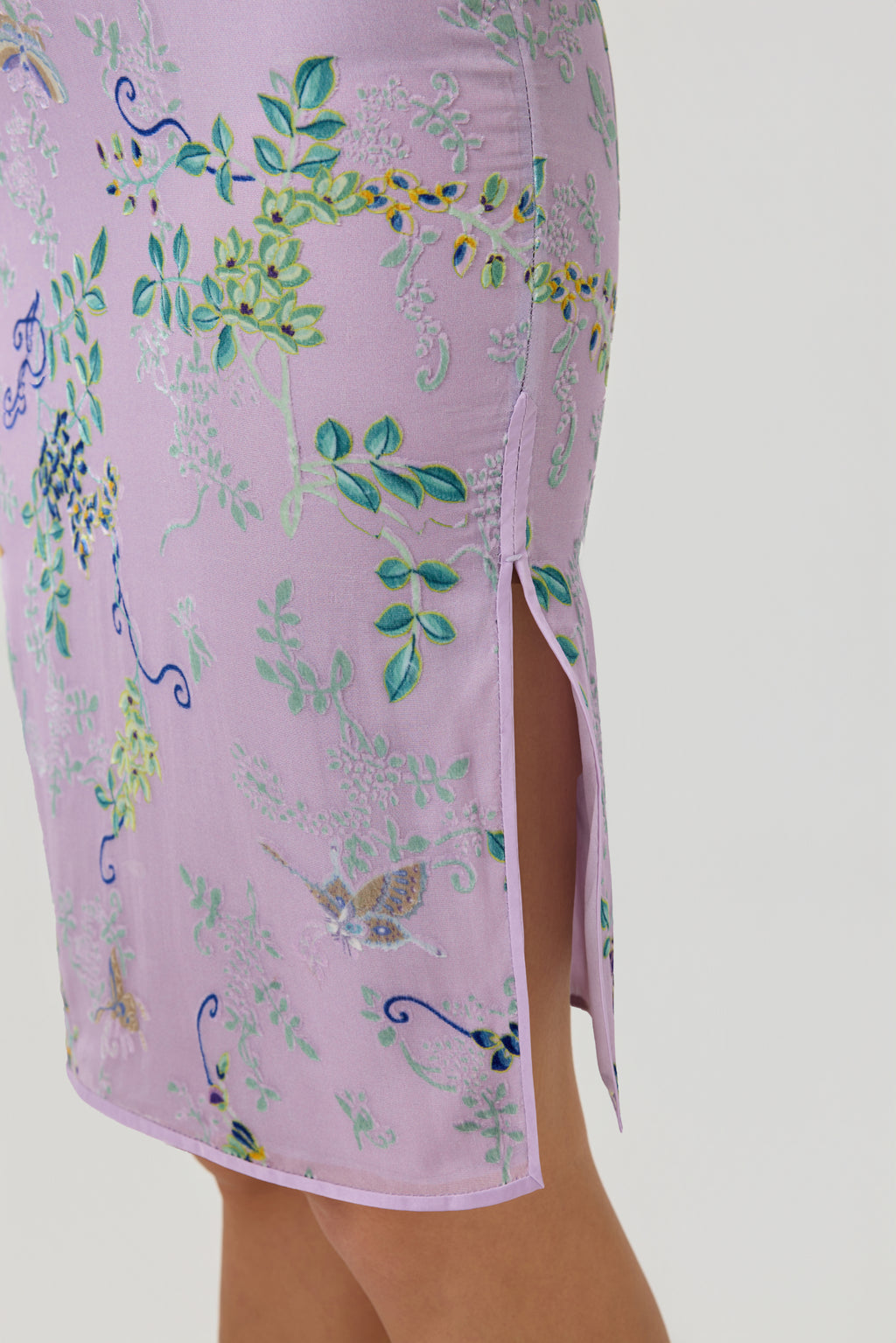 purple velvet cheongsam dress, close up