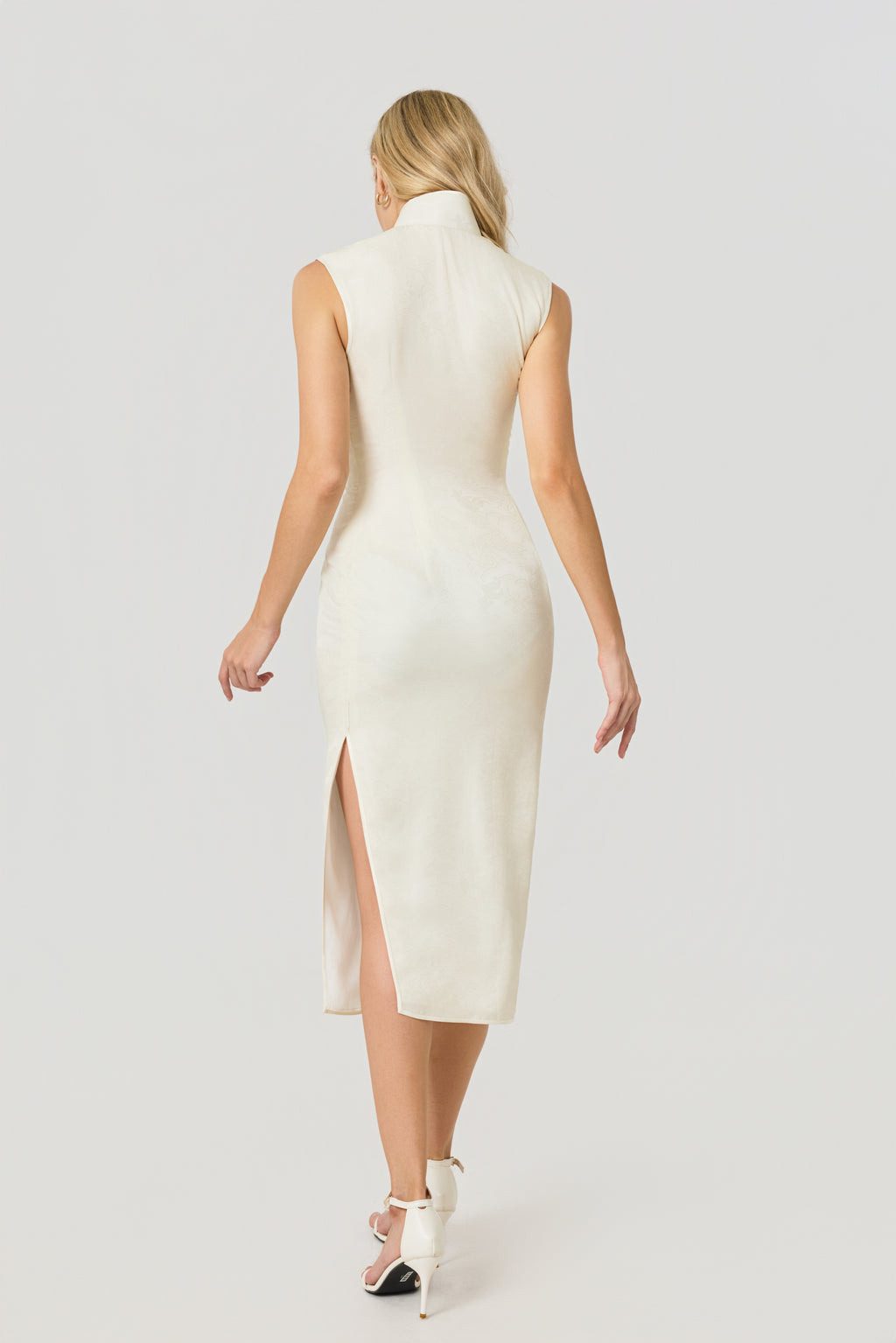 celestial crane white silk cheongsam dress, back