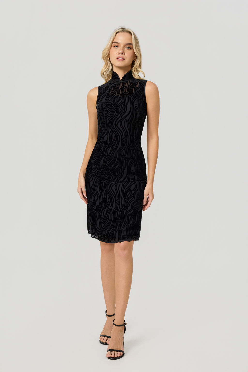 black modern velvet silk cheongsam, front 2